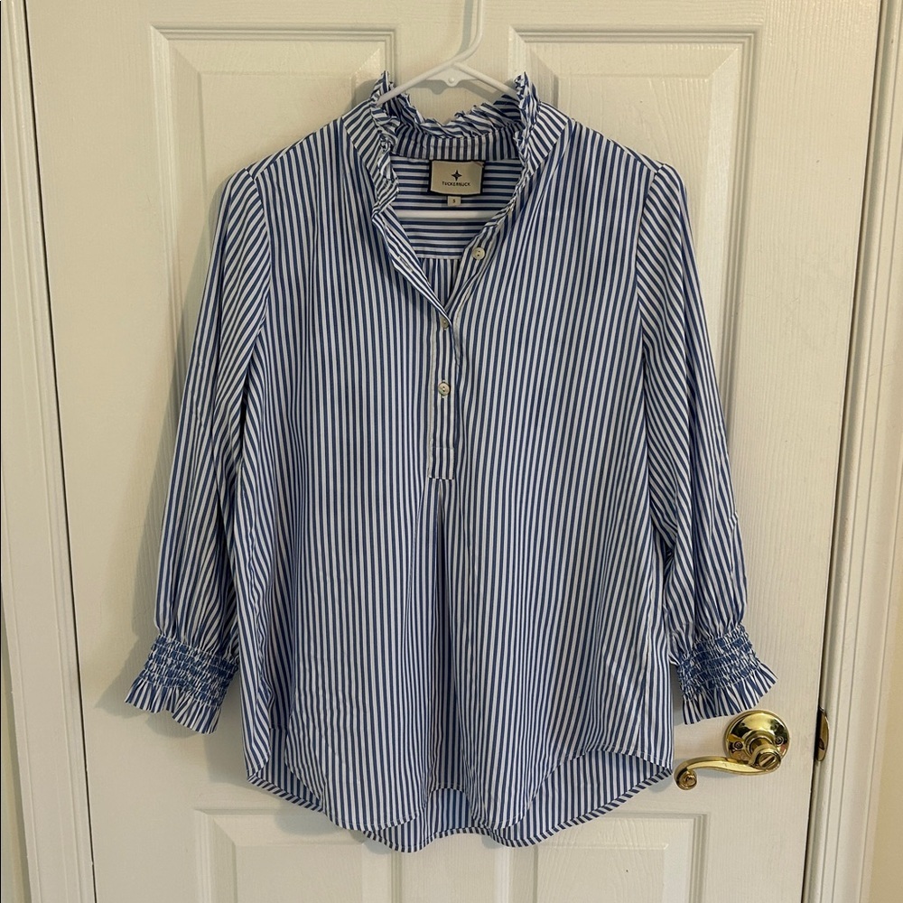 Tuckernuck Blue and White Stripe Teagan Popover Ruffle Top New Size Small - Picture 7 of 14
